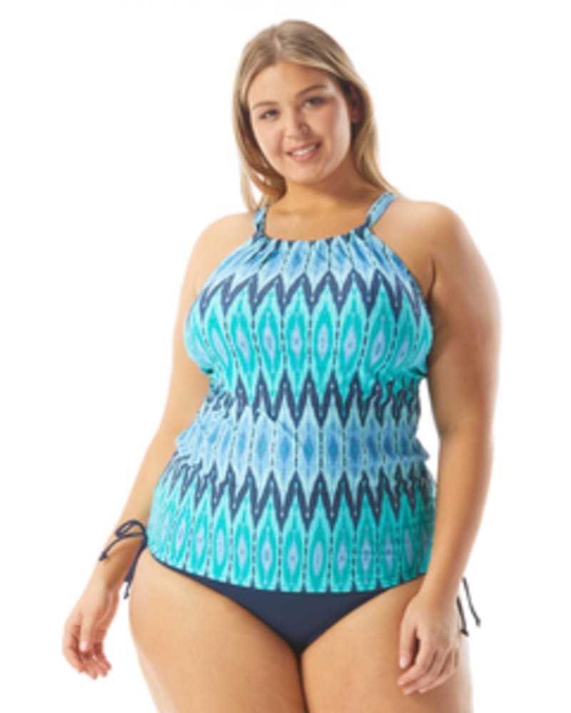 Front of a model wearing a size 16W Blair High Neck Geometric Tankini Top in Admiral by Beach House Woman. | dia_product_style_image_id:269118